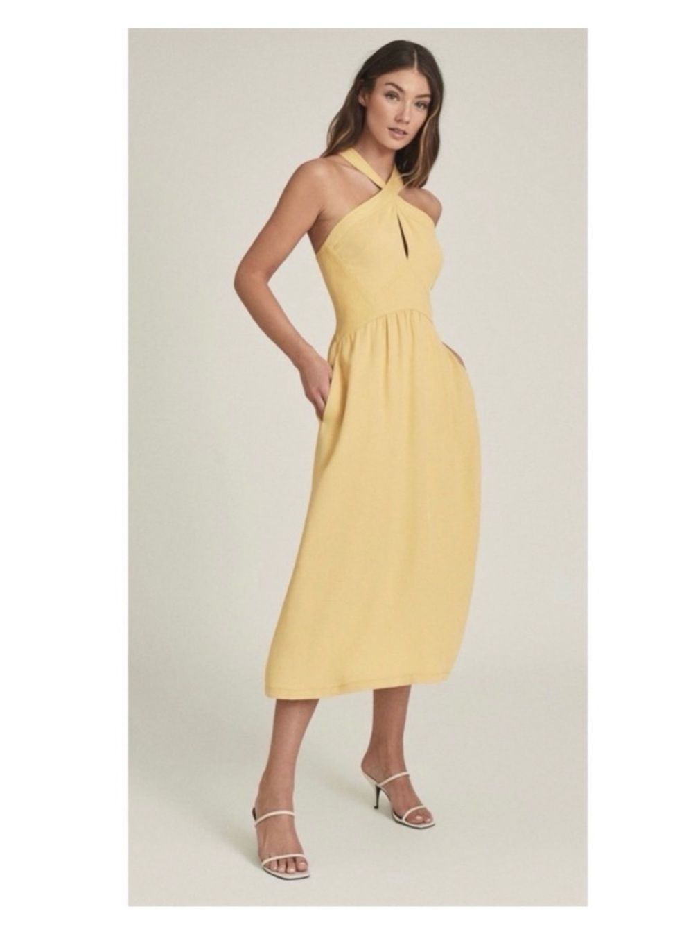 Reiss Yellow Cross-Neck Midi Dress